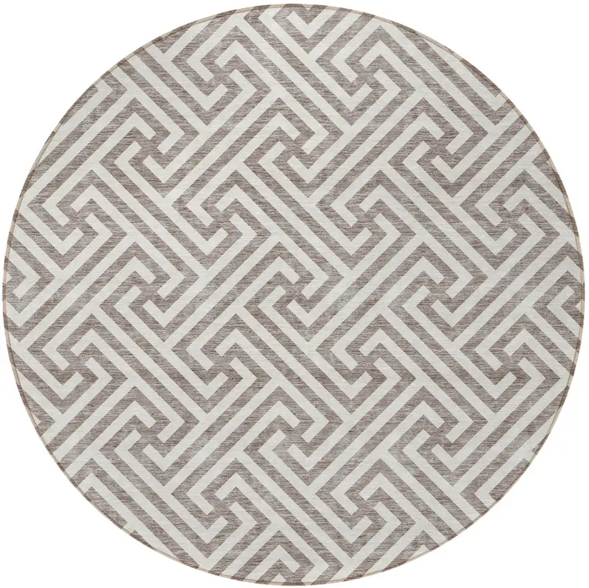 8' Taupe And Ivory Round Geometric Washable Indoor Outdoor Area Rug Photo 5