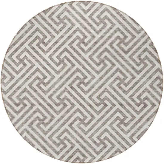 8' Taupe And Ivory Round Geometric Washable Indoor Outdoor Area Rug Photo 5