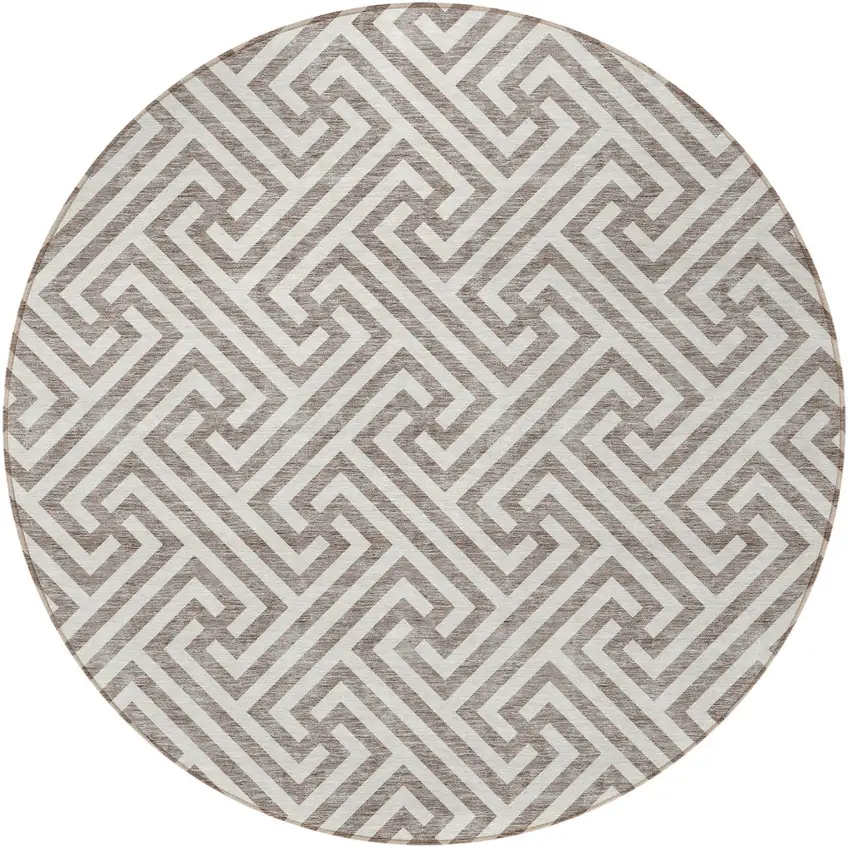 8' Taupe And Ivory Round Geometric Washable Indoor Outdoor Area Rug Photo 5