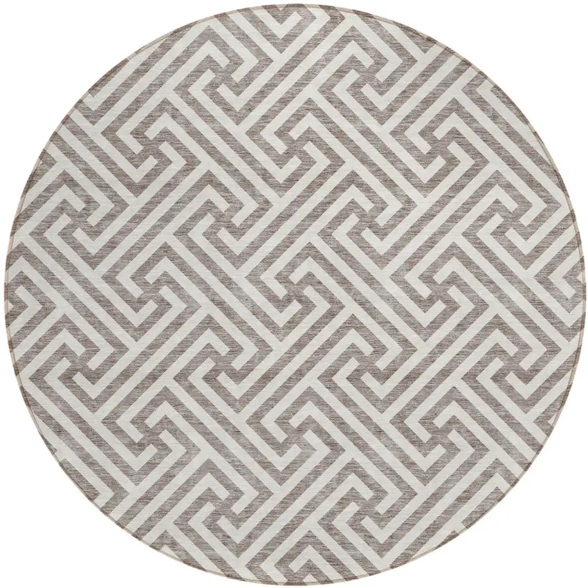 8' Taupe And Ivory Round Geometric Washable Indoor Outdoor Area Rug Photo 1