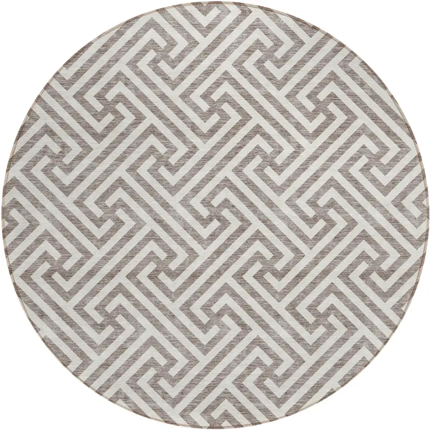 8' Taupe And Ivory Round Geometric Washable Indoor Outdoor Area Rug Photo 1