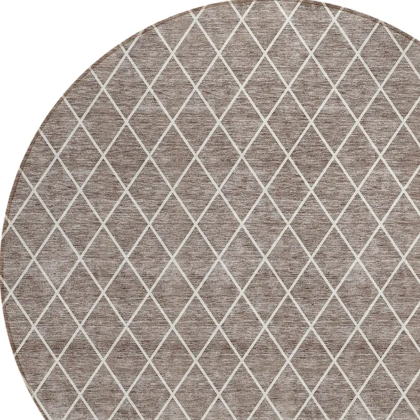 8' Taupe And Ivory Round Geometric Washable Indoor Outdoor Area Rug Photo 5