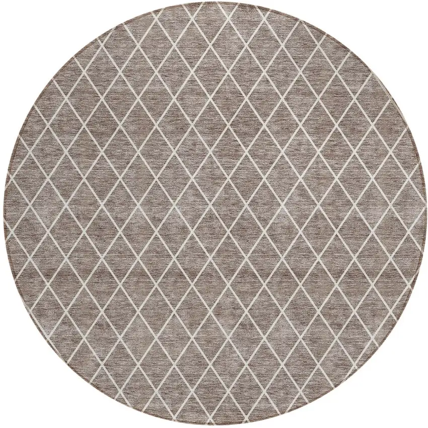 8' Taupe And Ivory Round Geometric Washable Indoor Outdoor Area Rug Photo 6