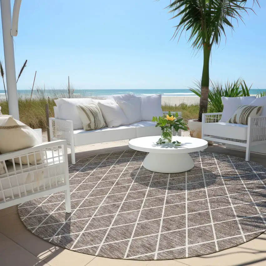 8' Taupe And Ivory Round Geometric Washable Indoor Outdoor Area Rug Photo 7