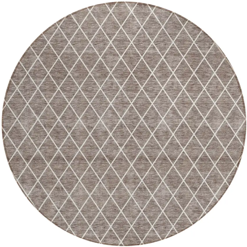 8' Taupe And Ivory Round Geometric Washable Indoor Outdoor Area Rug Photo 2