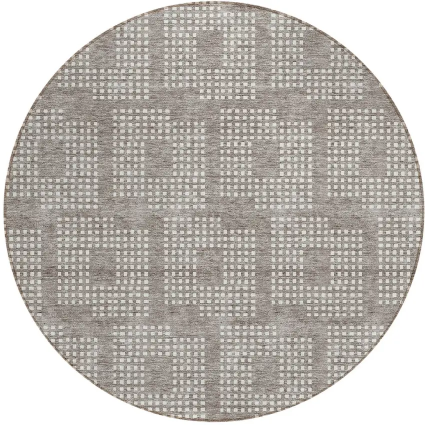 8' Taupe And Ivory Round Geometric Washable Indoor Outdoor Area Rug Photo 5