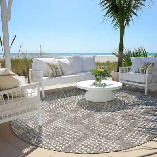8' Taupe And Ivory Round Geometric Washable Indoor Outdoor Area Rug Photo 6