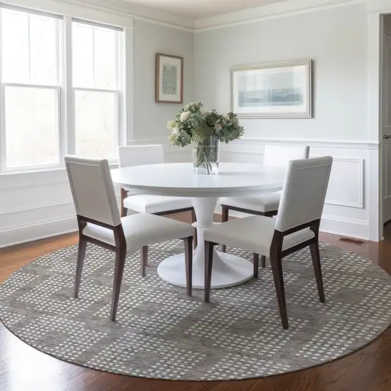 8' Taupe And Ivory Round Geometric Washable Indoor Outdoor Area Rug Photo 7