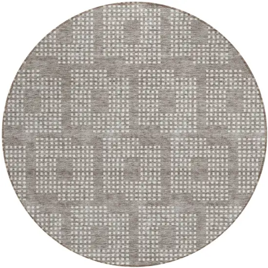 8' Taupe And Ivory Round Geometric Washable Indoor Outdoor Area Rug Photo 2