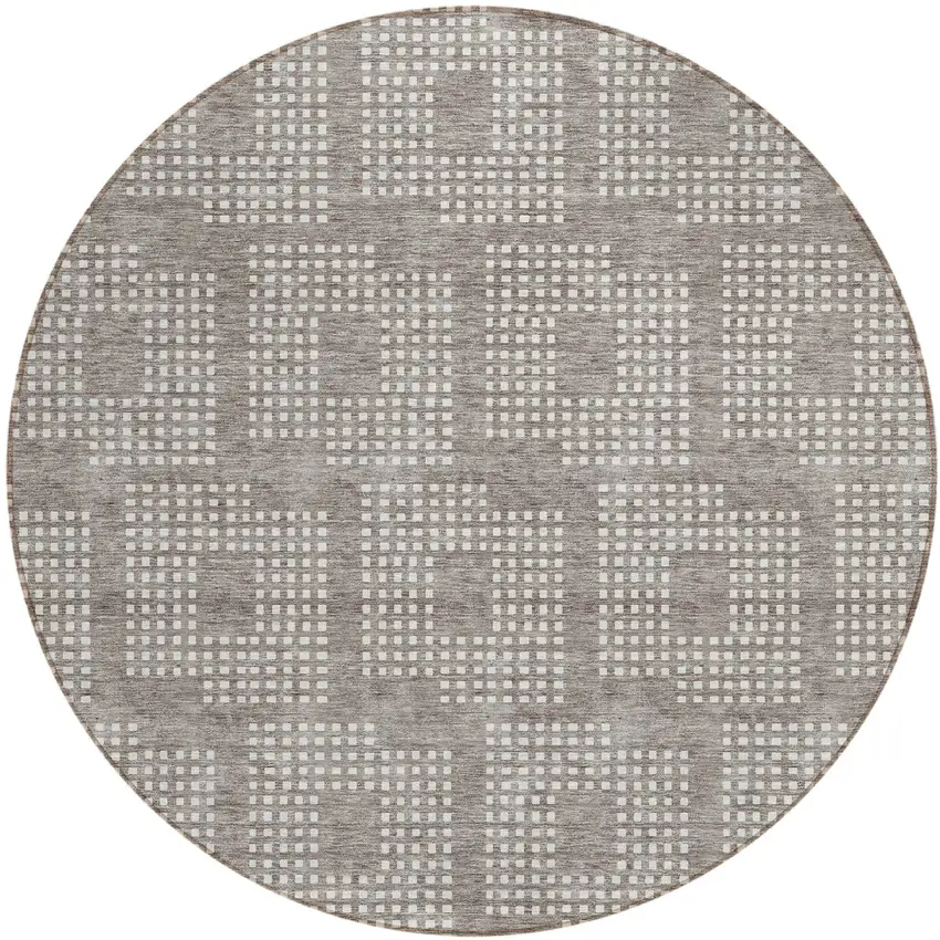 8' Taupe And Ivory Round Geometric Washable Indoor Outdoor Area Rug Photo 2