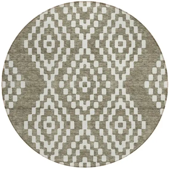 8' Taupe And Ivory Round Geometric Washable Indoor Outdoor Area Rug Photo 6