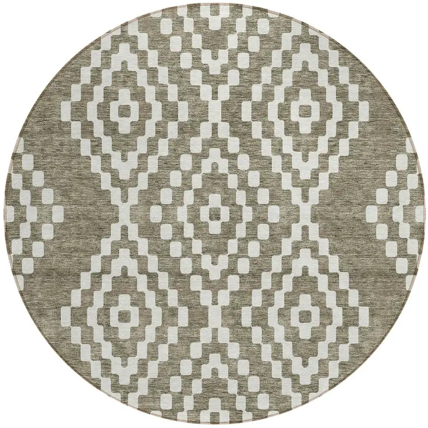 8' Taupe And Ivory Round Geometric Washable Indoor Outdoor Area Rug Photo 6