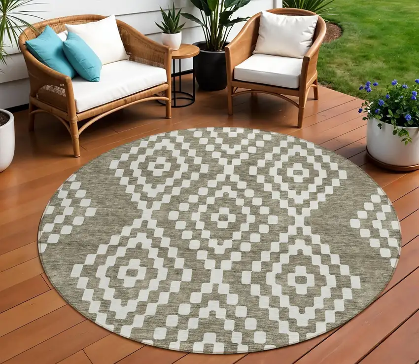 8' Taupe And Ivory Round Geometric Washable Indoor Outdoor Area Rug Photo 1