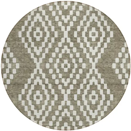 8' Taupe And Ivory Round Geometric Washable Indoor Outdoor Area Rug Photo 2