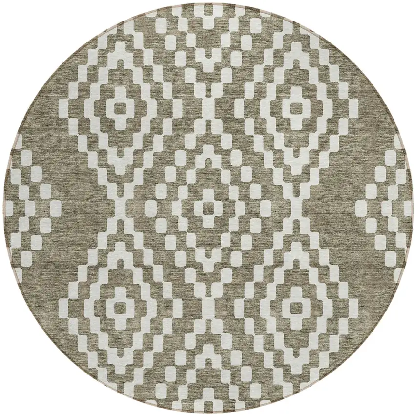 8' Taupe And Ivory Round Geometric Washable Indoor Outdoor Area Rug Photo 2