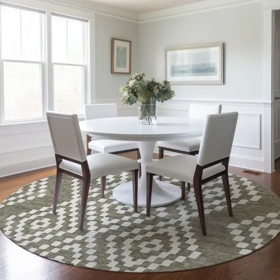 8' Taupe And Ivory Round Geometric Washable Indoor Outdoor Area Rug Photo 8