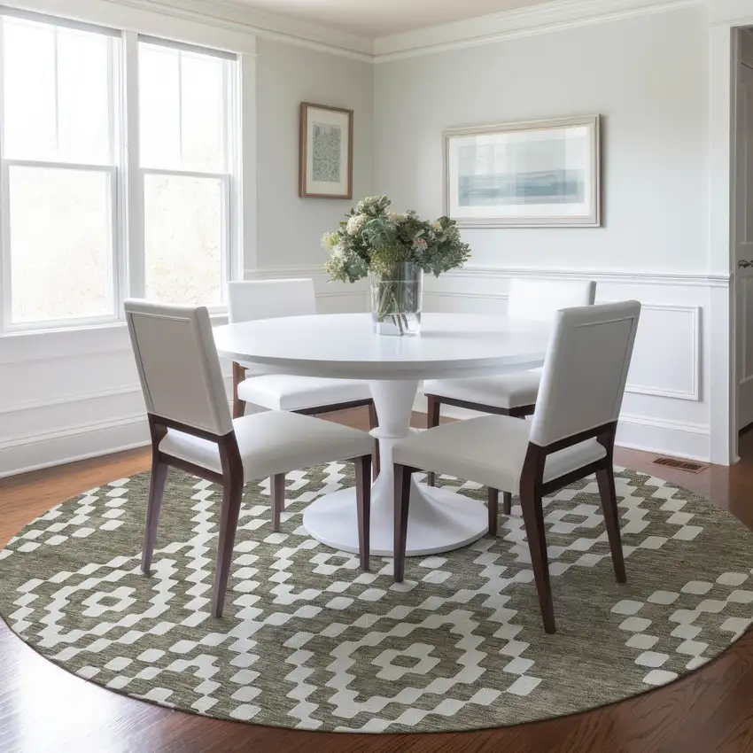 8' Taupe And Ivory Round Geometric Washable Indoor Outdoor Area Rug Photo 8
