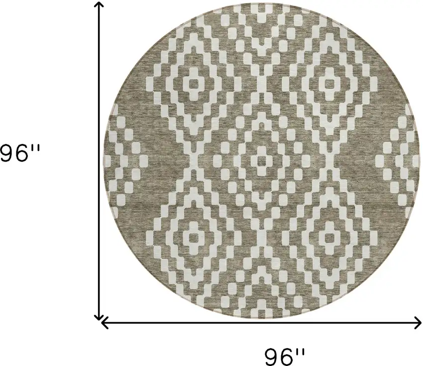 8' Taupe And Ivory Round Geometric Washable Indoor Outdoor Area Rug Photo 3