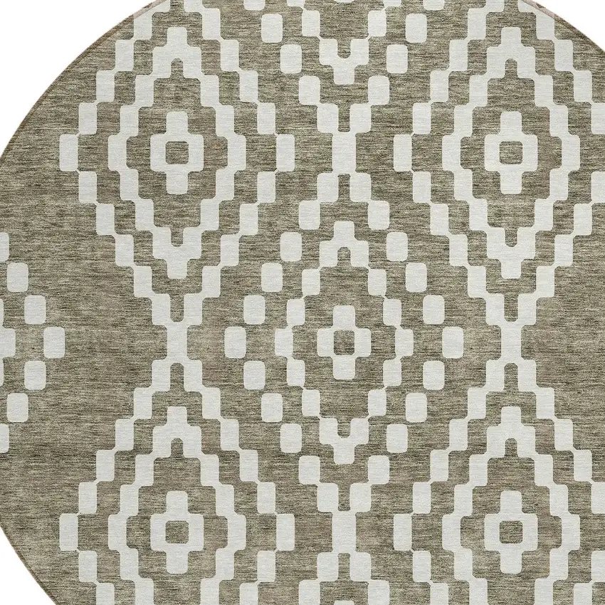 8' Taupe And Ivory Round Geometric Washable Indoor Outdoor Area Rug Photo 5