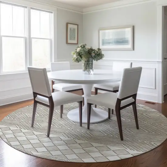 8' Taupe And Ivory Round Geometric Washable Indoor Outdoor Area Rug Photo 7