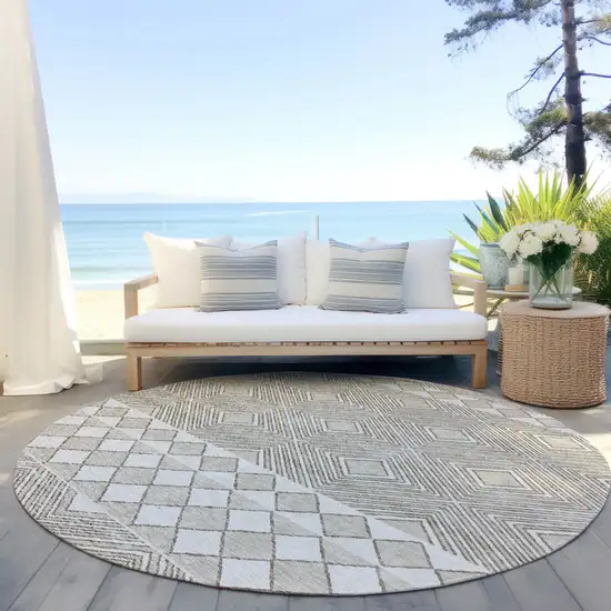 8' Taupe And Ivory Round Geometric Washable Indoor Outdoor Area Rug Photo 6