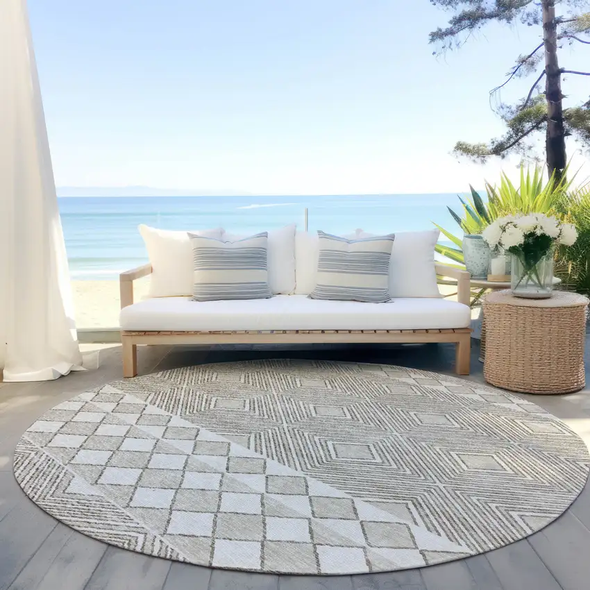 8' Taupe And Ivory Round Geometric Washable Indoor Outdoor Area Rug Photo 6