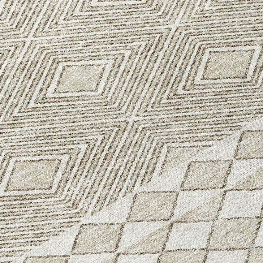 8' Taupe And Ivory Round Geometric Washable Indoor Outdoor Area Rug Photo 8