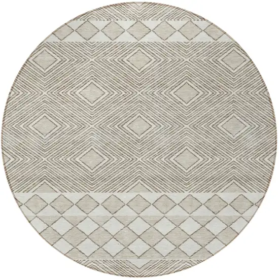 8' Taupe And Ivory Round Geometric Washable Indoor Outdoor Area Rug Photo 5
