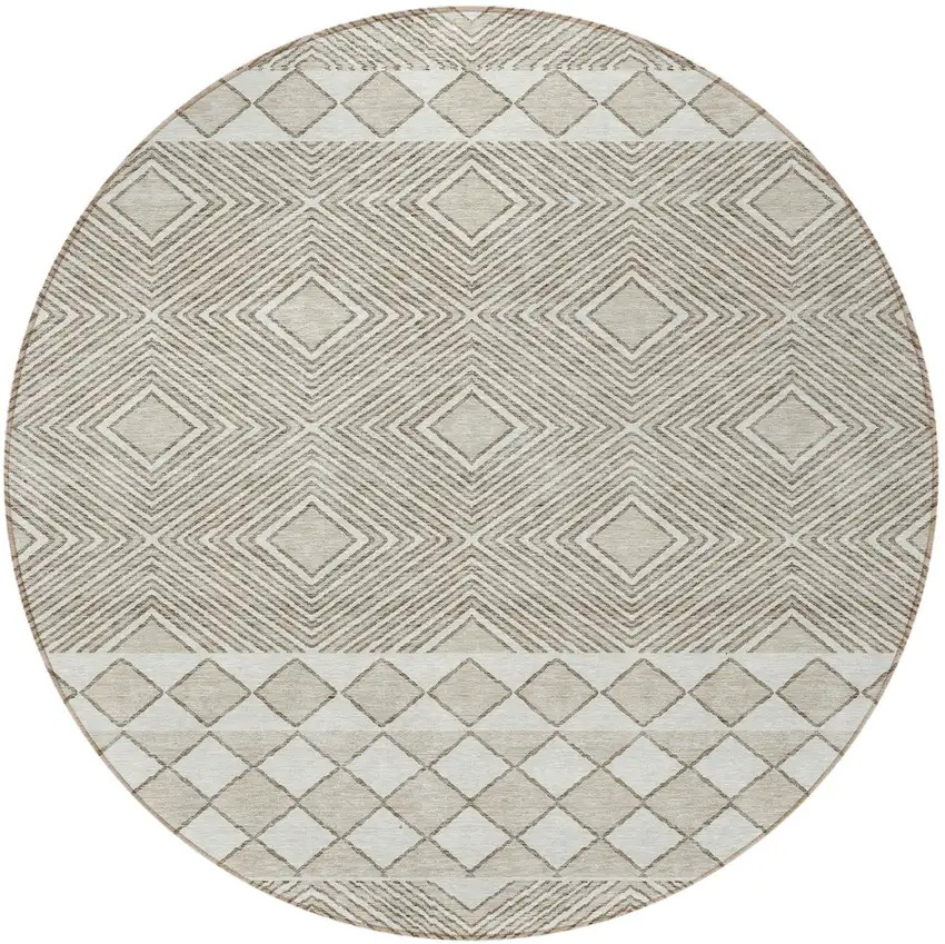8' Taupe And Ivory Round Geometric Washable Indoor Outdoor Area Rug Photo 5