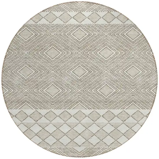 8' Taupe And Ivory Round Geometric Washable Indoor Outdoor Area Rug Photo 4