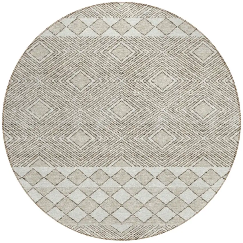 8' Taupe And Ivory Round Geometric Washable Indoor Outdoor Area Rug Photo 4