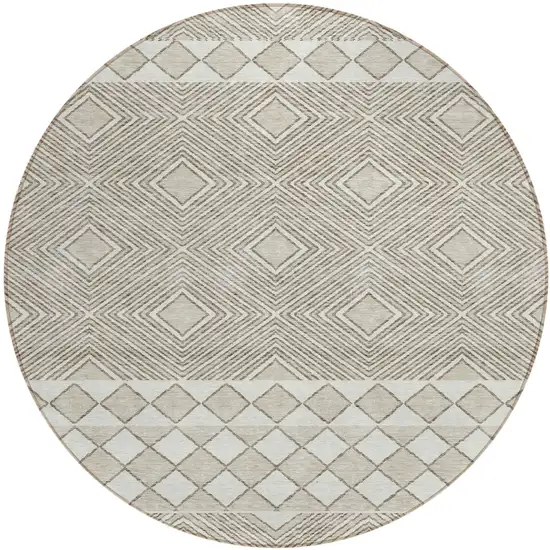 8' Taupe And Ivory Round Geometric Washable Indoor Outdoor Area Rug Photo 2