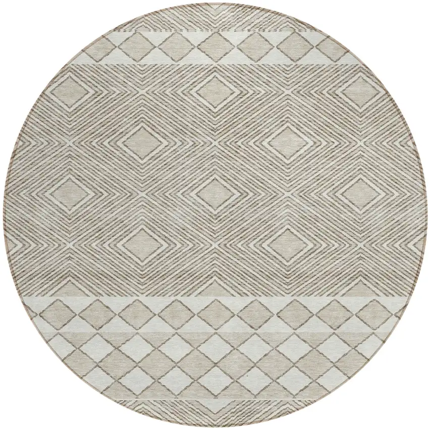 8' Taupe And Ivory Round Geometric Washable Indoor Outdoor Area Rug Photo 2