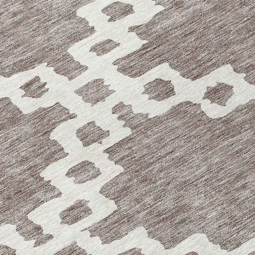 8' Taupe And Ivory Round Geometric Washable Indoor Outdoor Area Rug Photo 8