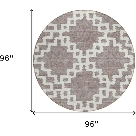 8' Taupe And Ivory Round Geometric Washable Indoor Outdoor Area Rug Photo 3