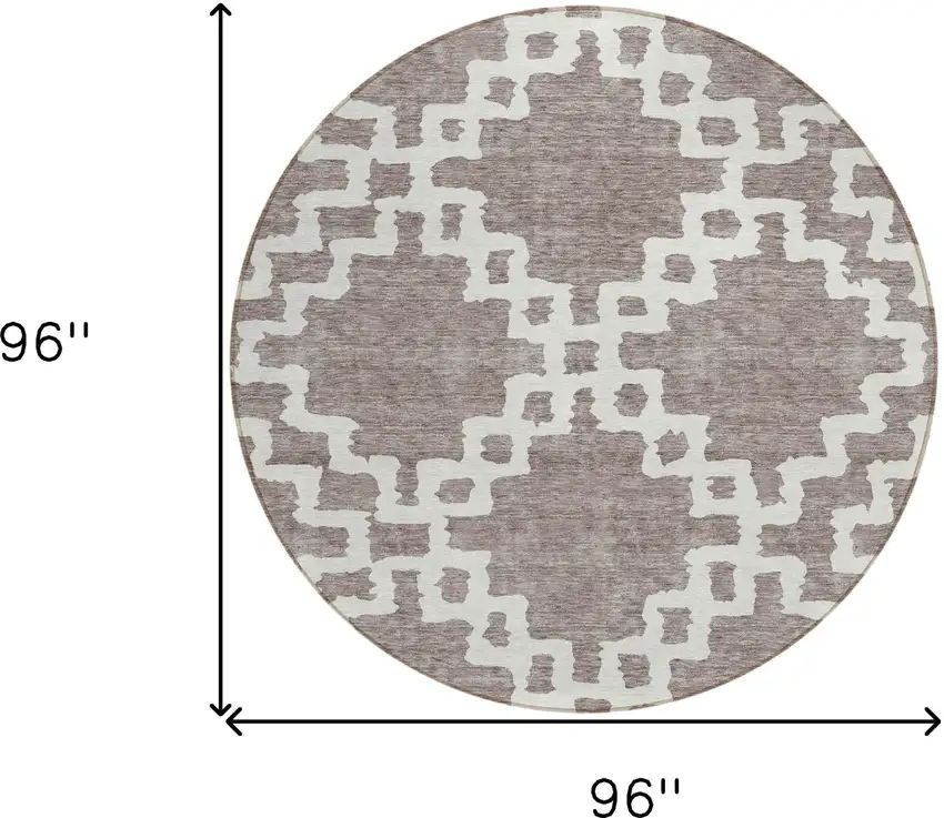 8' Taupe And Ivory Round Geometric Washable Indoor Outdoor Area Rug Photo 3