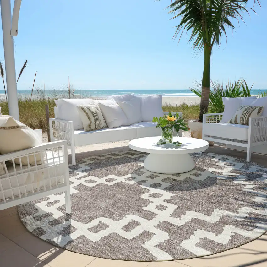 8' Taupe And Ivory Round Geometric Washable Indoor Outdoor Area Rug Photo 6