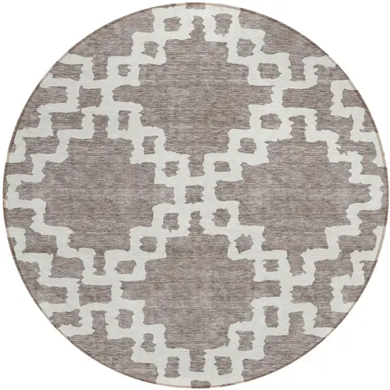 8' Taupe And Ivory Round Geometric Washable Indoor Outdoor Area Rug Photo 2