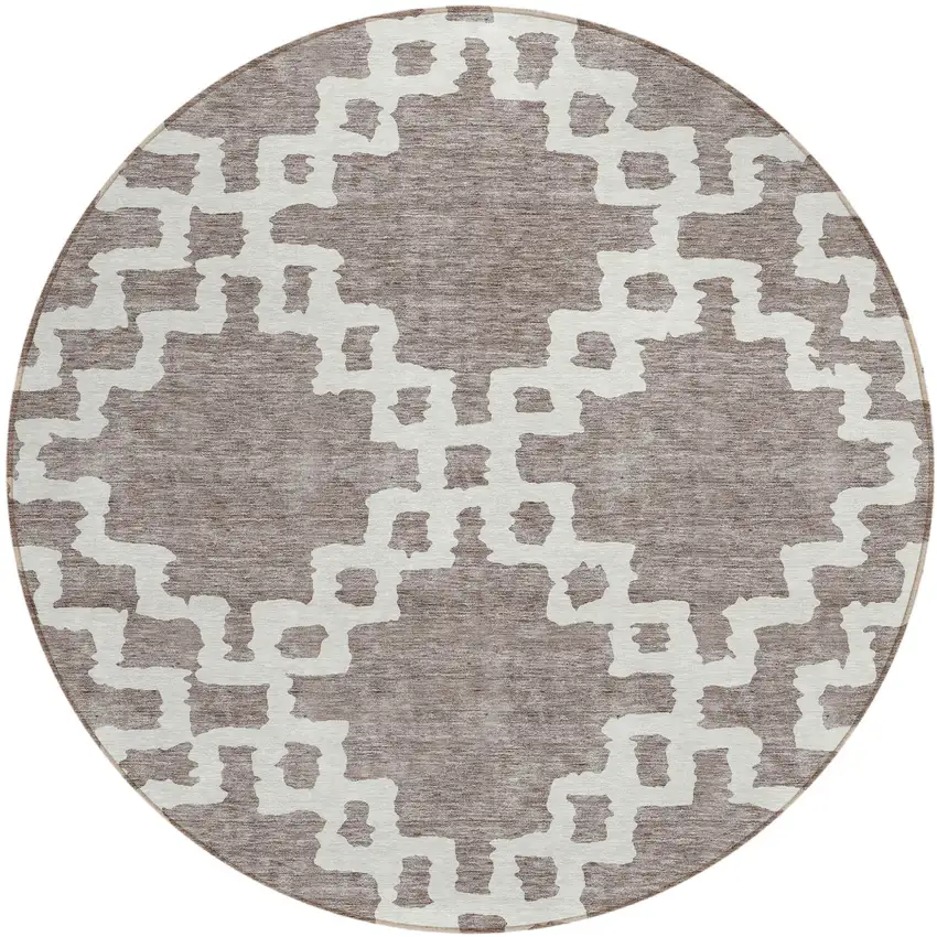 8' Taupe And Ivory Round Geometric Washable Indoor Outdoor Area Rug Photo 2