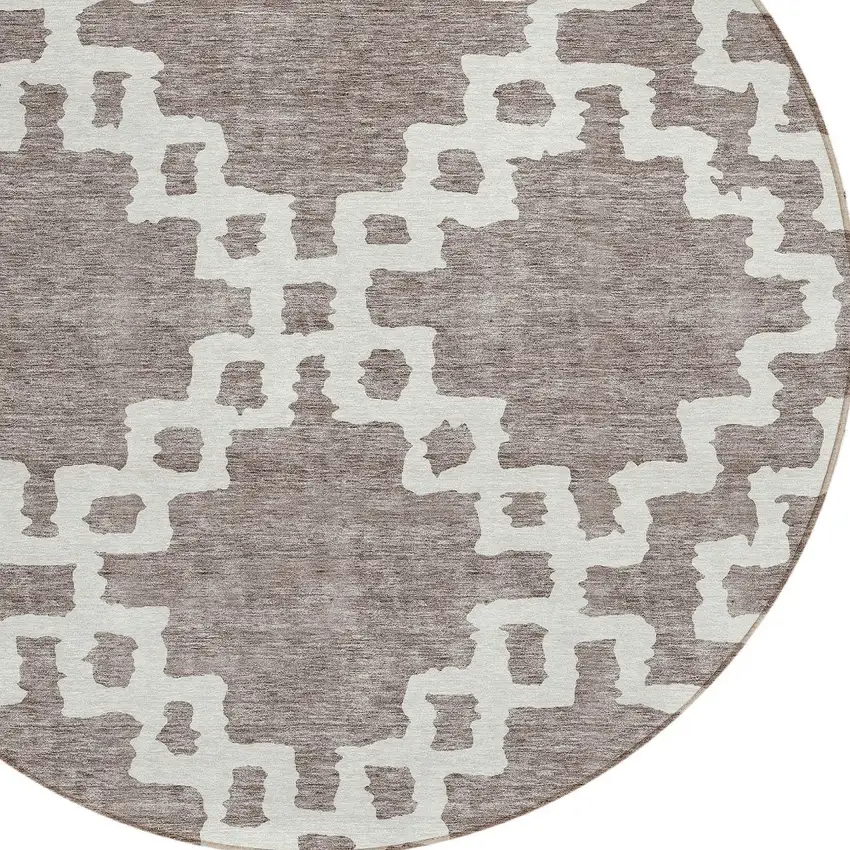 8' Taupe And Ivory Round Geometric Washable Indoor Outdoor Area Rug Photo 4