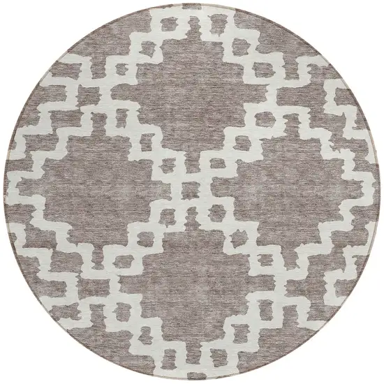 8' Taupe And Ivory Round Geometric Washable Indoor Outdoor Area Rug Photo 5