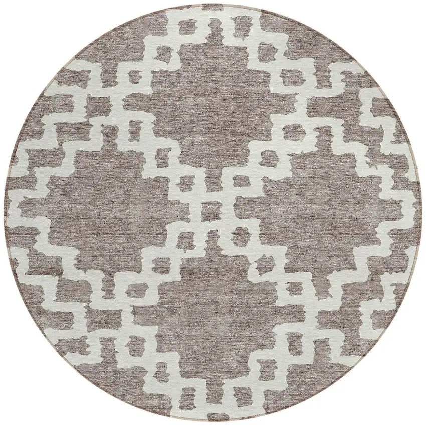 8' Taupe And Ivory Round Geometric Washable Indoor Outdoor Area Rug Photo 5
