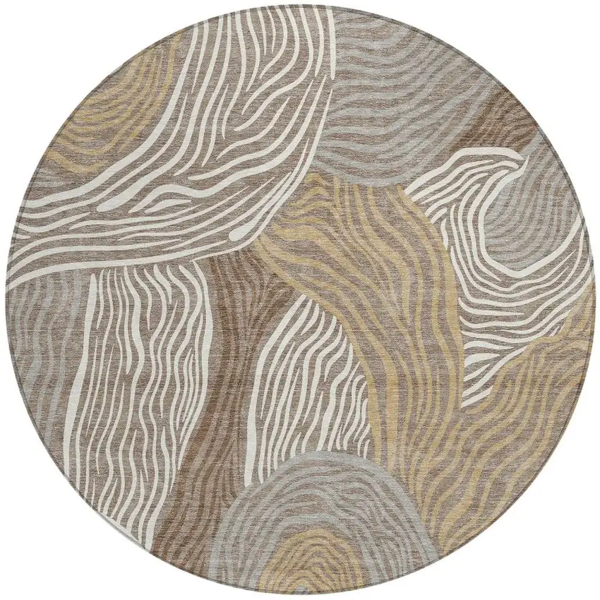 8' Taupe And Ivory Round Ikat Washable Indoor Outdoor Area Rug Photo 3