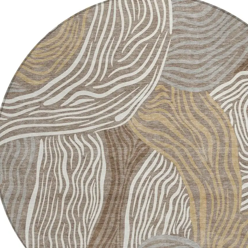 8' Taupe And Ivory Round Ikat Washable Indoor Outdoor Area Rug Photo 2