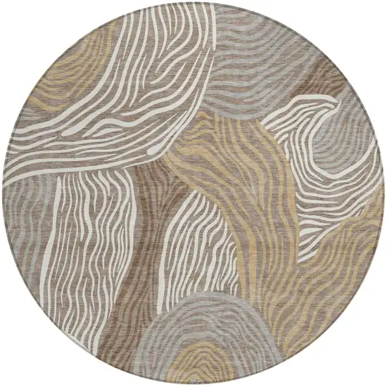 8' Taupe And Ivory Round Ikat Washable Indoor Outdoor Area Rug Photo 1