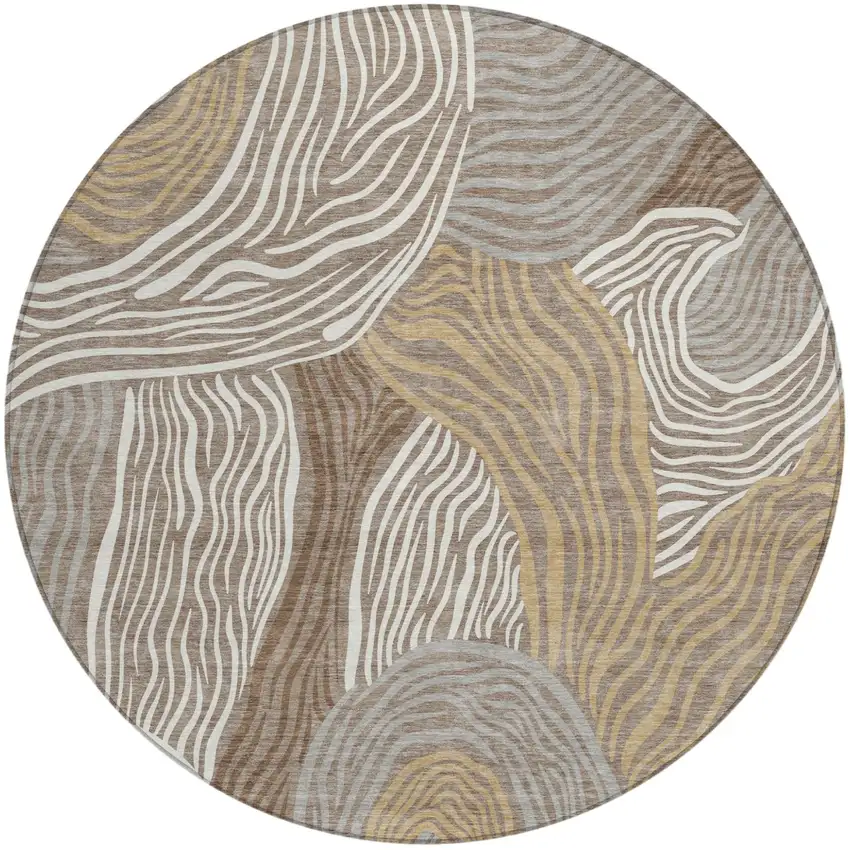 8' Taupe And Ivory Round Ikat Washable Indoor Outdoor Area Rug Photo 1