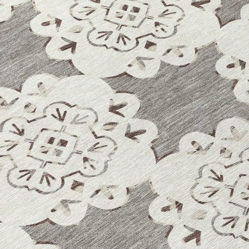 8' Taupe And Ivory Round Quatrefoil Washable Indoor Outdoor Area Rug Photo 9