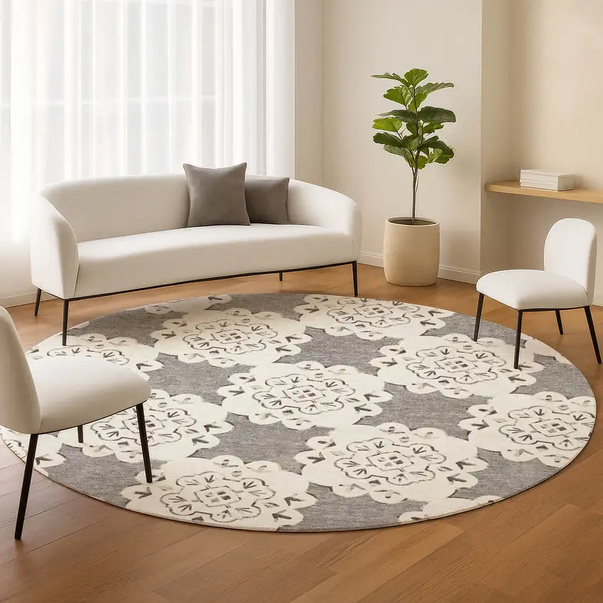 8' Taupe And Ivory Round Quatrefoil Washable Indoor Outdoor Area Rug Photo 8