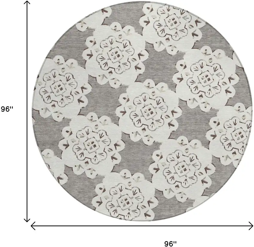 8' Taupe And Ivory Round Quatrefoil Washable Indoor Outdoor Area Rug Photo 3