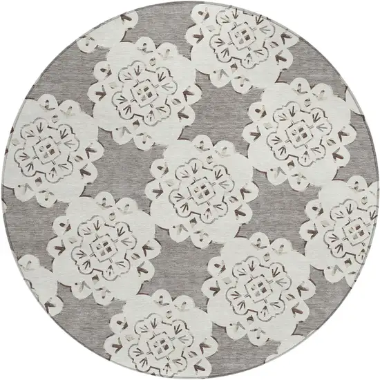 8' Taupe And Ivory Round Quatrefoil Washable Indoor Outdoor Area Rug Photo 2